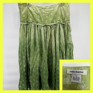 VTG Cotton Express Skirt Green Floral Sequin Boho Broomstick Maxi India SZ L